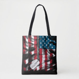 Personalized Military Soldier Dog Tags USA Flag Tote Bag