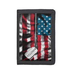 Personalized Military Soldier Dog Tags USA Flag  Trifold Wallet