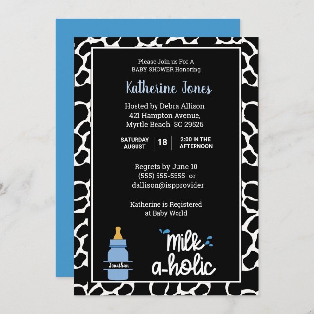 Personalized Milkaholic Cowprint Baby Boy Shower   Invitation (Front/Back)