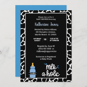 Personalized Milkaholic Cowprint Baby Boy Shower Invitation