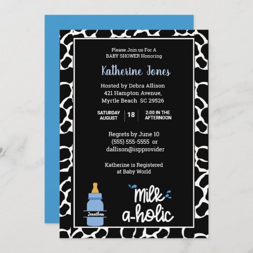 Personalized Milkaholic Cowprint Baby Boy Shower   Invitation