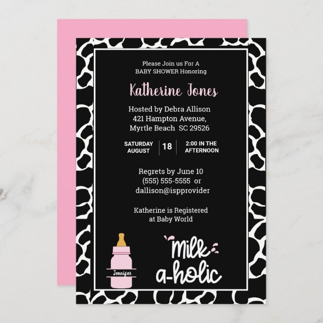 Personalized Milkaholic Cowprint Baby Girl Shower  Invitation (Front/Back)
