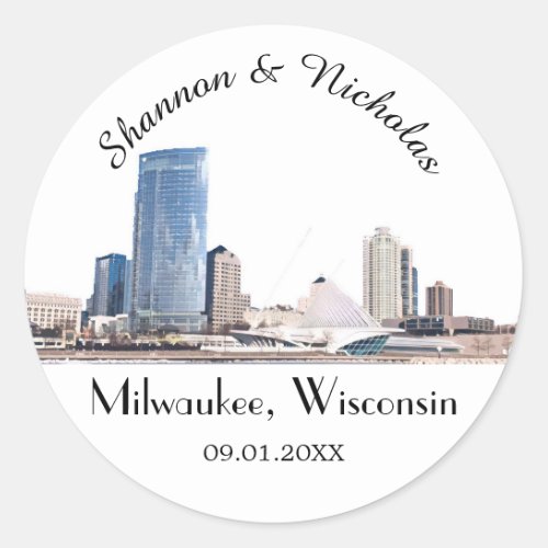 Personalized Milwaukee Skyline Wedding Classic Round Sticker