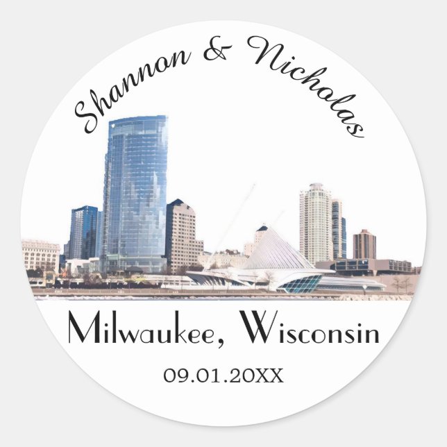 Personalized Milwaukee Skyline Wedding Classic Round Sticker (Front)