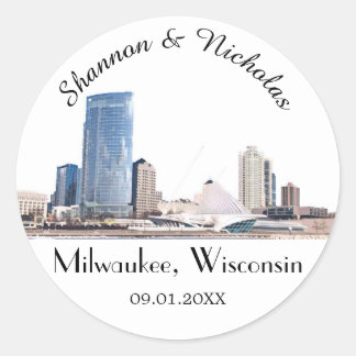 Personalized Milwaukee Skyline Wedding Classic Round Sticker