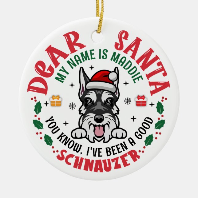 Personalized Miniature Schnauzer Dog Christmas Ceramic Ornament (Front)