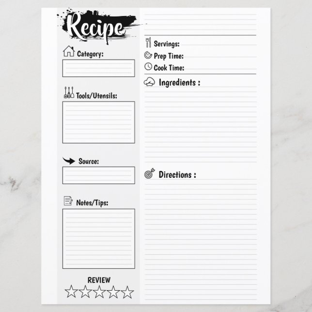 Personalized Minimal Basic Blank Recipe Page Sheet (Front)