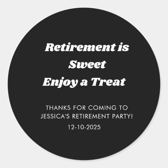 Personalized Minimal Black Retirement party Favor Classic Round Sticker (Front)
