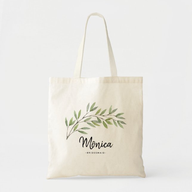 Personalized minimal greenery bridesmaid tote bag (Front)