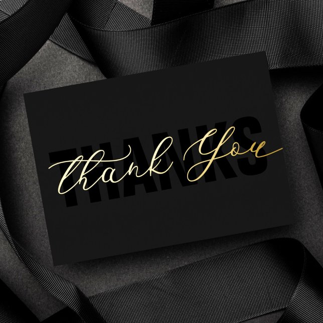 Personalized Minimal Modern Script Black Thank You Foil Holiday Card (Creator Uploaded)