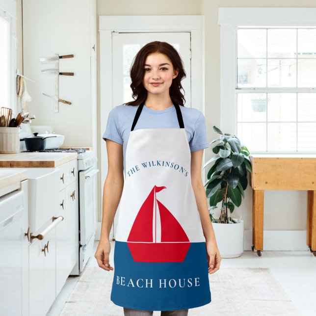 Personalized minimal nautical summer house  apron (modern nautical personalized beach house kitchen apron , modern stylish and minimalistic )
