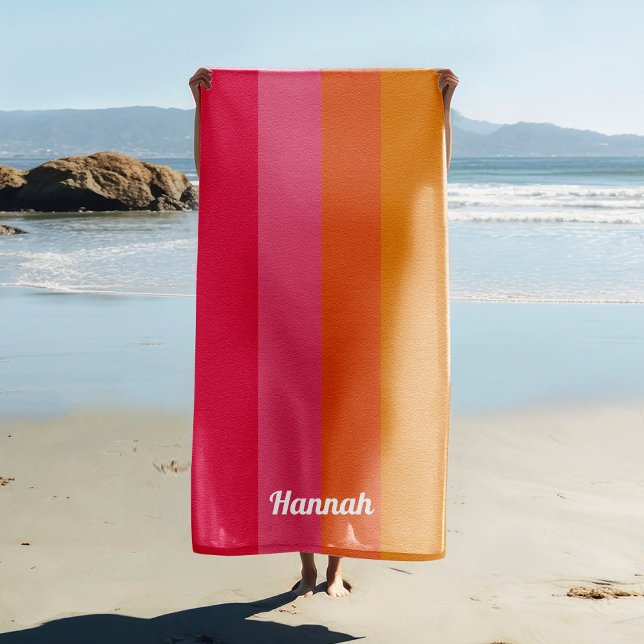 Personalized Minimal Pink Orange Stripes  Beach Towel (Creator Uploaded)