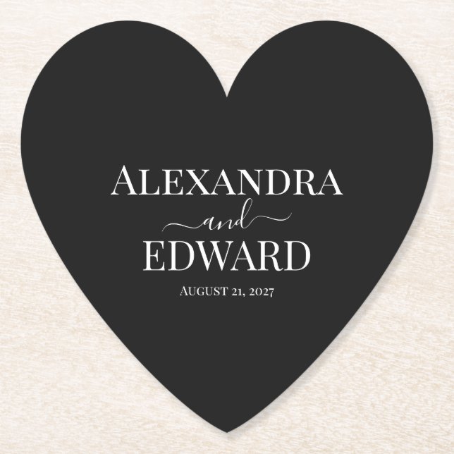  Personalized Minimalist Black and White Wedding Paper Coaster (Front)