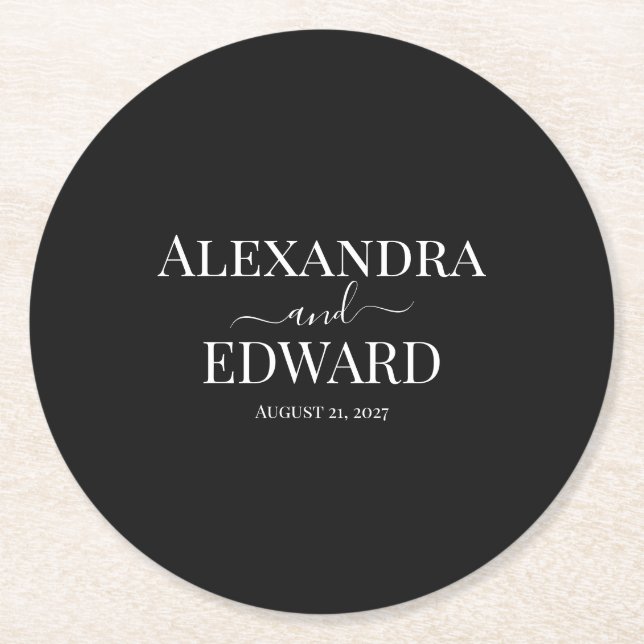  Personalized Minimalist Black and White Wedding Round Paper Coaster (Front)