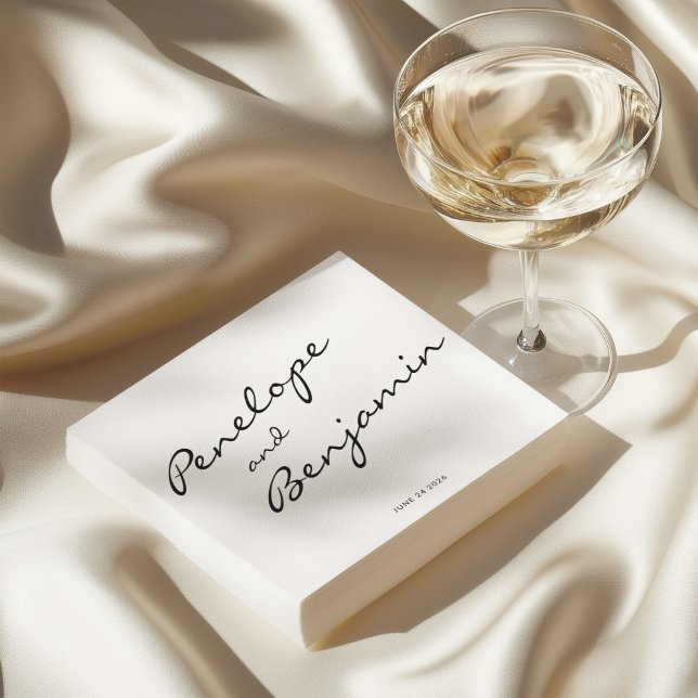 Personalized Minimalist Black White Script Wedding Napkins (Creator Uploaded)