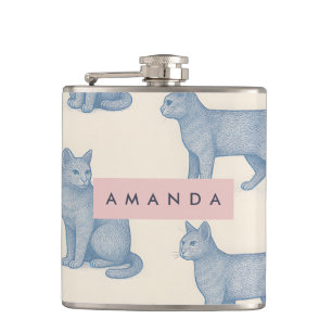 Personalized Minimalist Blue Cat Pattern Flask
