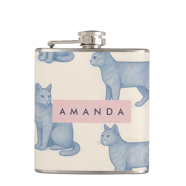 Personalized Minimalist Blue Cat Pattern Flask (Front)
