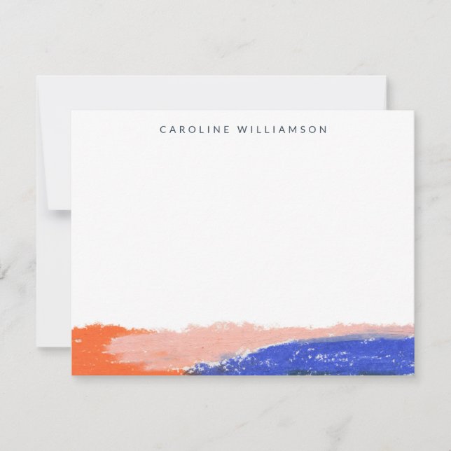 Personalized Minimalist Brushstroke Orange Blue Note Card (Front)