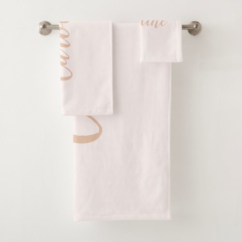 Personalized Minimalist Calligraphy Name Blush Tan Bath Towel Set