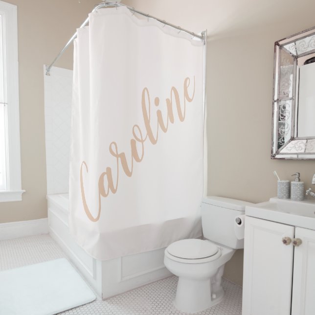 Personalized Minimalist Calligraphy Name Blush Tan Shower Curtain (In Situ)