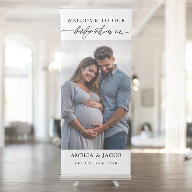 Personalized Minimalist Couples Photo Baby Shower Retractable Banner (Creator Uploaded)