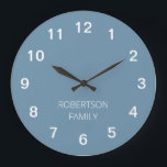Personalized Minimalist Dusty Blue Wall Clock<br><div class="desc">This modern Personalized Minimalist Dusty Blue Wall Clock is easy to personalize by typing your choice of family name or similar wording into the personalization template before ordering. The design features the numbers and personalization in white on a simple plain "dusty blue" background so that the time can easily be...</div>