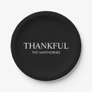 Personalized Minimalist Elegant Black Thankful Paper Plates