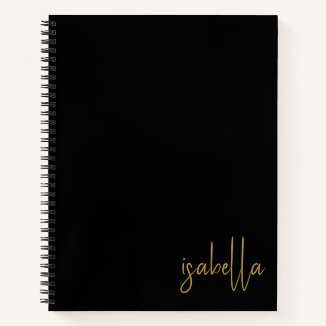 Personalized Minimalist Gold Script Name Black Notebook (Front)