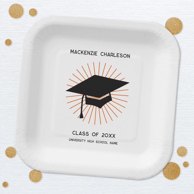 Personalized Minimalist Graduation Cap Party Paper Plates (Modern personalized custom name school university graduation party paper plates)