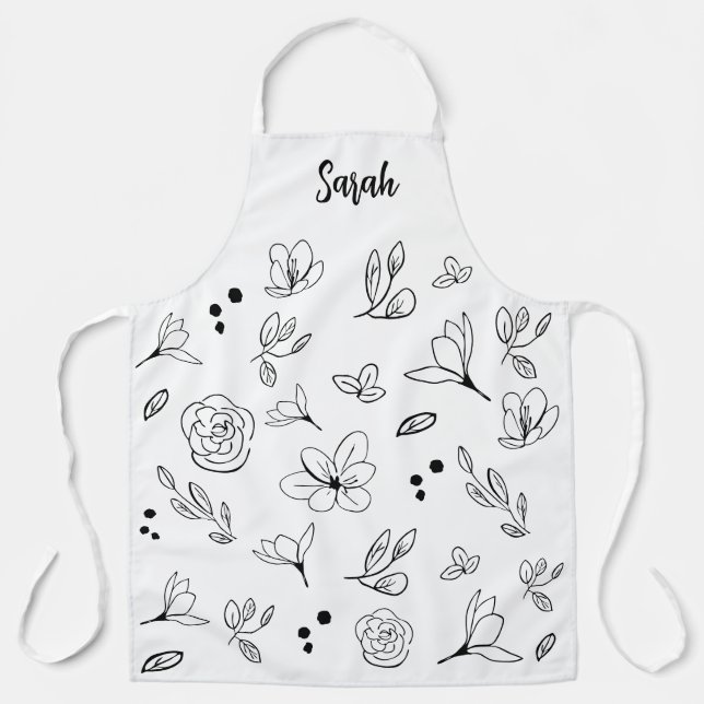 Personalized Minimalist Handlettering black floral Apron (Front)