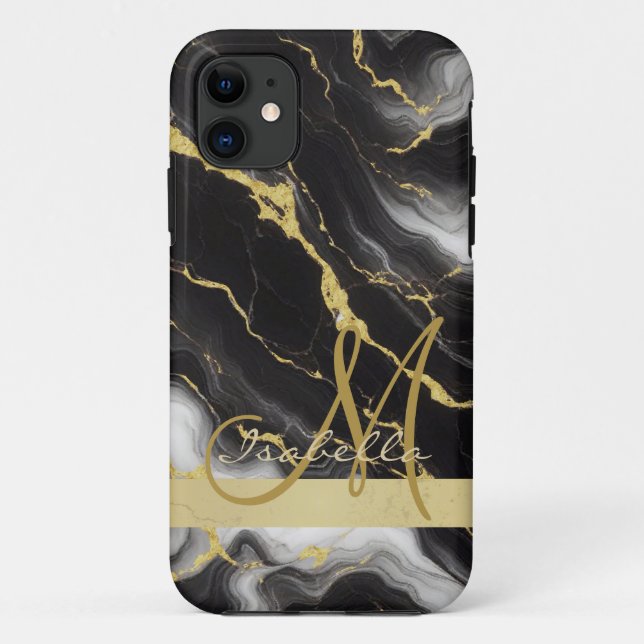 Personalized Minimalist Modern Black Gold Marble Case-Mate iPhone Case (Back)