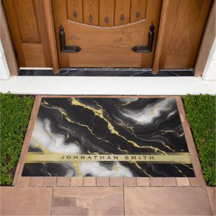 Personalized Minimalist Modern Black Gold Marble Doormat