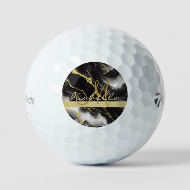 Personalized Minimalist Modern Black Gold Marble Golf Balls (Front)