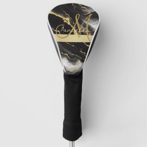 Personalized Minimalist Modern Black Gold Marble Golf Head Cover