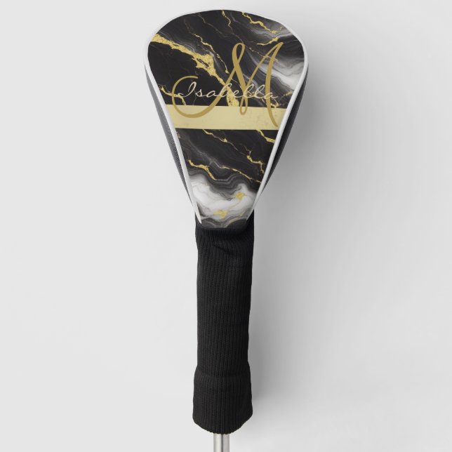 Personalized Minimalist Modern Black Gold Marble Golf Head Cover (Front)