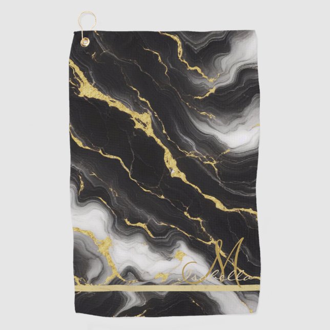 Personalized Minimalist Modern Black Gold Marble Golf Towel (Front)