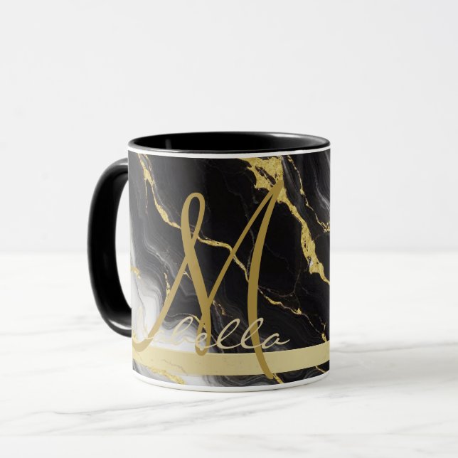 Personalized Minimalist Modern Black Gold Marble Mug (Front Left)