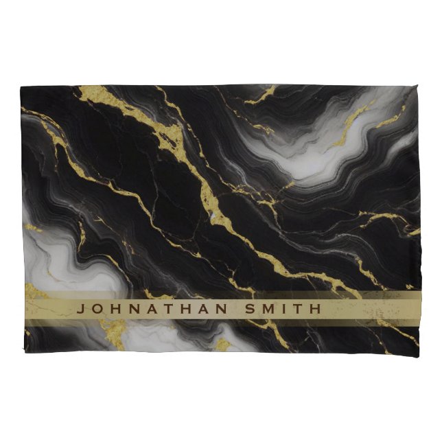 Personalized Minimalist Modern Black Gold Marble Pillow Case (Front)