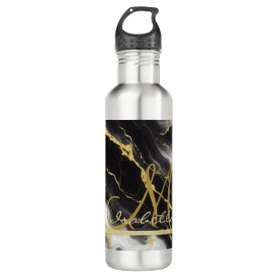 Personalized Minimalist Modern Black Gold Marble Stainless Steel Water Bottle