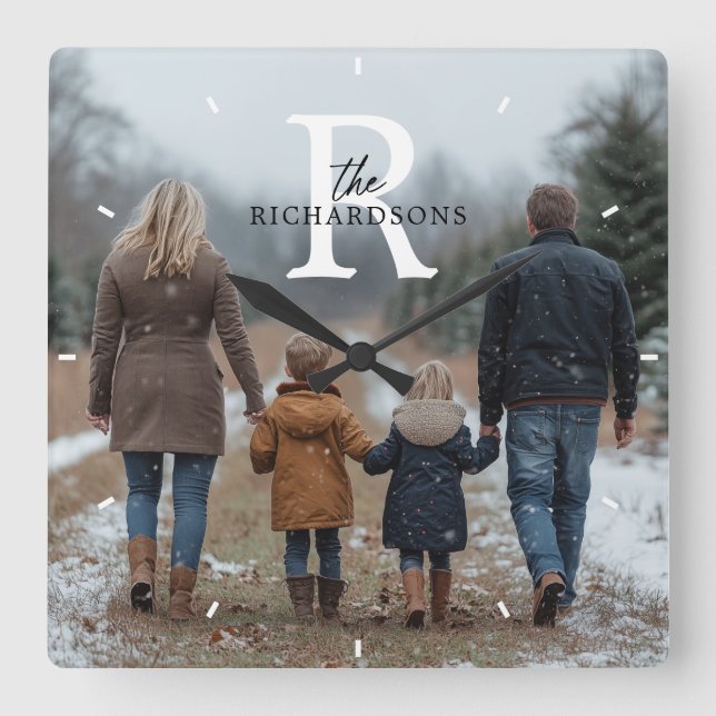 Personalized Minimalist Monogram Name Family Photo Square Wall Clock (Front)