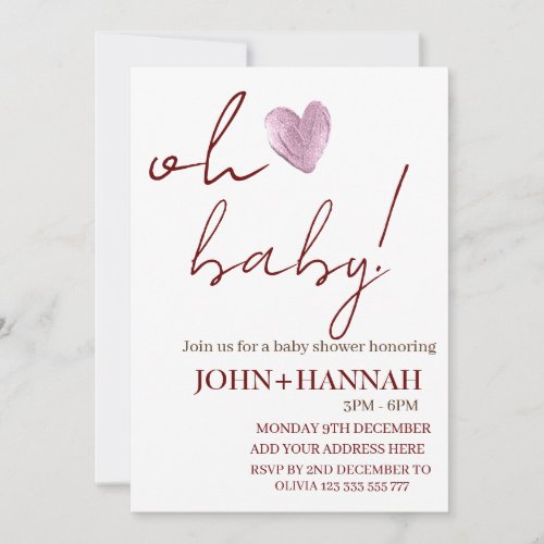 Personalized Minimalist Oh Baby Co_ed Baby Shower  Invitation