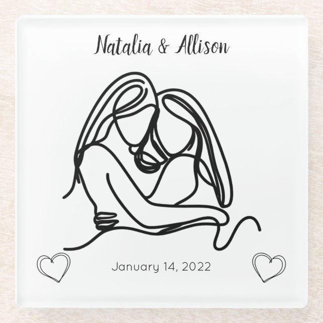 Personalized Minimalistic Lesbian Line Art Glass Coaster (Front)