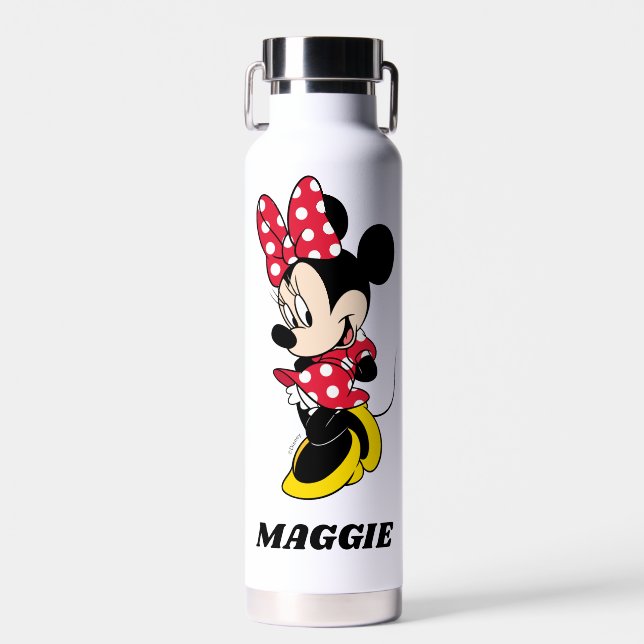 Personalized Minnie Mouse in Red Polka Dot Dress Water Bottle (Front)