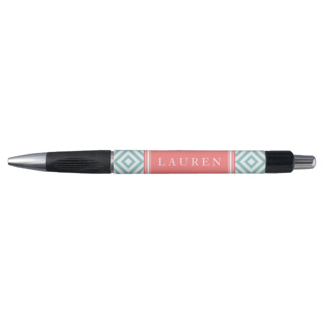 Personalized Mint and Coral Diamonds Pattern Pen (Front)