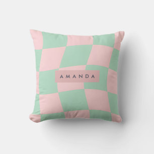 Personalized Mint Green and Blush Pink Checkered Throw Pillow