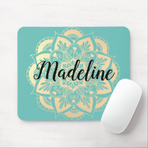 Personalized Mint Green and Gold Mandala Flower Mouse Pad