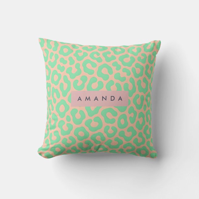 Personalized Mint Green and Peach Leopard Print Throw Pillow (Front)