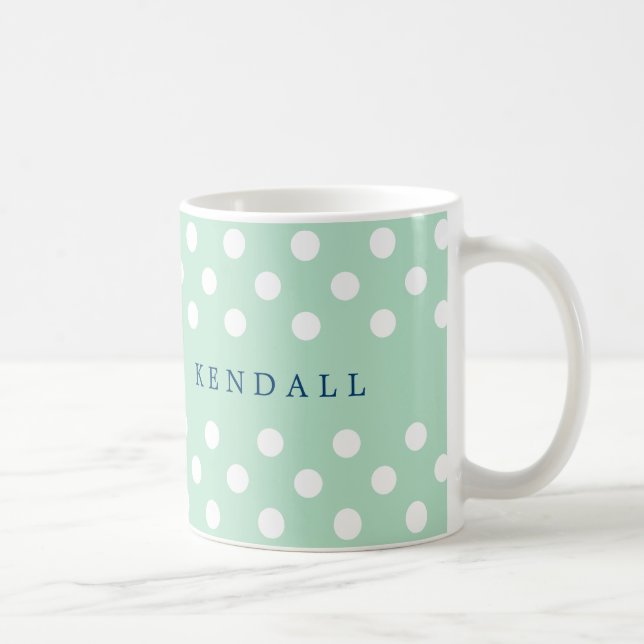 Personalized Mint Green and White Polka Dots Coffee Mug (Right)
