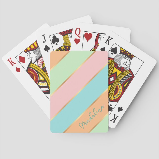 Personalized Mint Green Aqua Blue Pink Gold Stripe Poker Cards (Back)