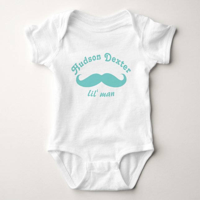 Personalized Mint Green Arched Lettering Mustache Baby Bodysuit (Front)